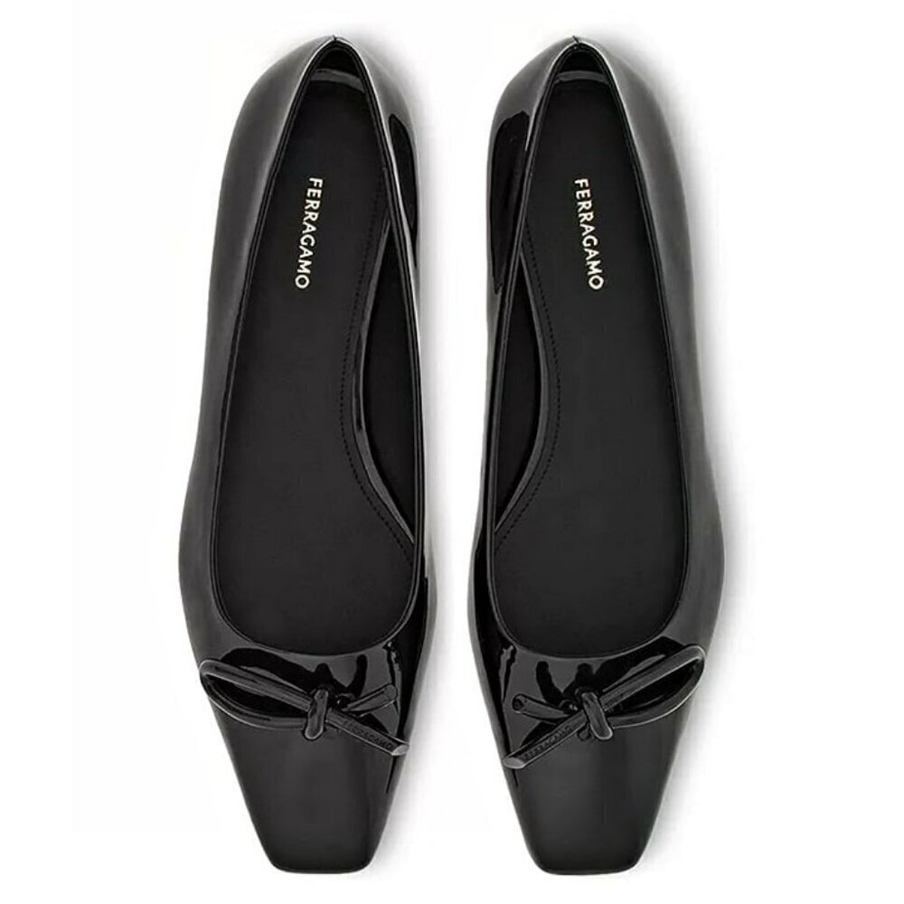 Ferragamo Women's Annie Patent Knot Ballerina Flats Black Size 7 C (MSRP $850)